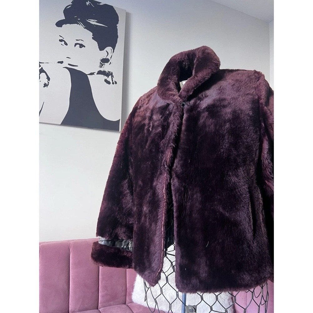 Vintage 60s 70s Burgundy Faux Fur Coat ILGWU Union Label Plum Jacket Mid Century